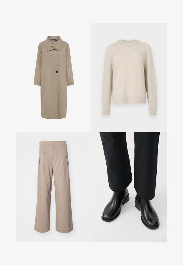 Beige uldfrakke med stor krave, enkelt knaplukning og trekvartlange ærmer. Glat tekstur med en struktureret form.; Beige striktrøje med rund hals, raglanærmer og ribbet kant. Blød tekstur med en let løs pasform og minimal mønster.; Beige brede bukser med læg, lavet af glat stof. Har en mellemhøj talje og en ren, skræddersyet silhuet.; Sorte læder chelsea støvler med en glat tekstur, rund tå og en lav blokhæl, parret med sorte bukser.