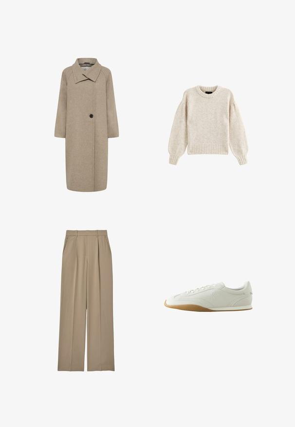 Beige uldfrakke med stor krave, enkelt knaplukning og trekvartlange ærmer. Glat tekstur med en struktureret form.; Lys beige strikket sweater med rund halsudskæring, ribbet kant og voluminøse ærmer. Blød tekstur og afslappet pasform.; Reiss EDEN HALF ELASTICATED WIDE LEG - Bukser - mink neutral; Hvid lav sneaker med brun gummisål, syningsdetaljer, snørelukning foran og broderet logo på siden.