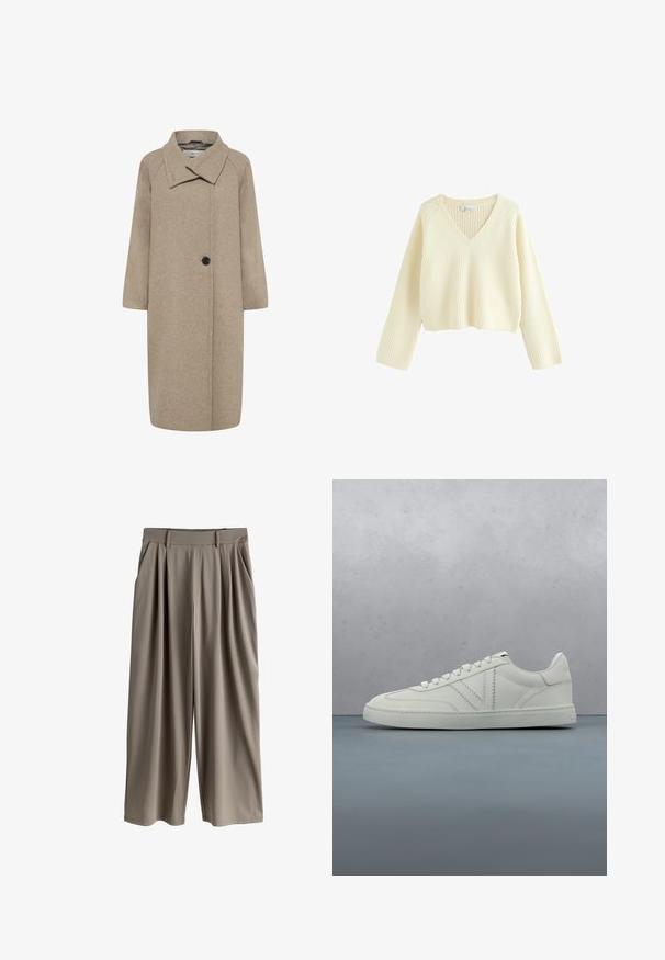 Beige uldfrakke med stor krave, enkelt knaplukning og trekvartlange ærmer. Glat tekstur med en struktureret form.; Cremefarvet, cropped sweater med ribbet tekstur, V-hals og lange ærmer. Har en afslappet pasform og et enkelt design.; Beige bukser med vide ben, læg, bæltestropper og sidelommer, designet til en afslappet pasform.; Hvid lædersneaker med snørebånd, der svæver over en træblok og en udendørs flade med småsten, sløret grønt plante og sten i baggrunden.