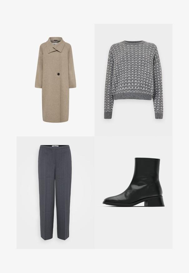 Beige uldfrakke med stor krave, enkelt knaplukning og trekvartlange ærmer. Glat tekstur med en struktureret form.; Noisy May NMMAELYS O NECK - Striktrøje - charcoal gray/cloud dancer; Mørkegrå skræddersyede bukser med striber, lige ben og høj talje, præsenteret mod en ensfarvet lys baggrund.; Sort ankelstøvle lavet af blank læder, med et strømlinet design, spids tå og en moderat blokhælhøjde for stabilitet.