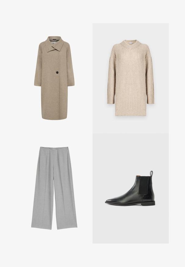 Beige uldfrakke med stor krave, enkelt knaplukning og trekvartlange ærmer. Glat tekstur med en struktureret form.; Beige strikket sweater med V-udskæring, lange ærmer og ribbet tekstur. Løs pasform med lige snit, der fremhæver en hyggelig stil og komfort.; Lys grå bredbenede bukser med en plisseret front, der har en glat tekstur og en diskret sidelukning med lynlås.; Sort læderankelstøvle med elastisk sidepanel, spids tå og lille hæl. Glat tekstur og minimalistisk design med bageste trækstrop.