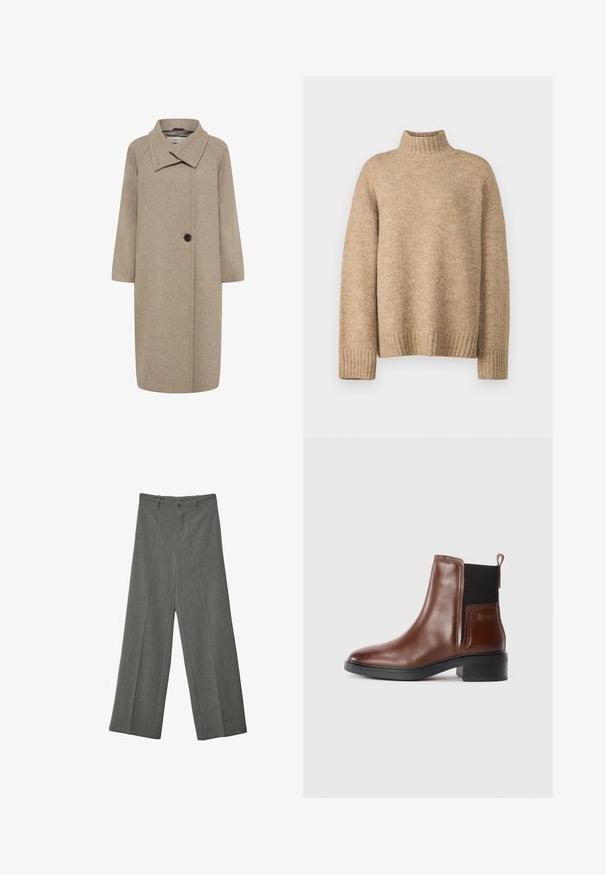 Beige uldfrakke med stor krave, enkelt knaplukning og trekvartlange ærmer. Glat tekstur med en struktureret form.; Beige rullekravetrøje lavet af blødt, struktureret strikmateriale. Har ribbede manchetter og kant, samt en afslappet pasform. Klassisk og hyggeligt design.; Grå bredbenede bukser lavet af tekstureret stof, med en frontfolder og to lommer, samt en enkelt frontknaplukning.; Brune læder ankelstøvle med en flad sort hæl, elastiske sidepaneler og en bageste træksløjfe for nem påtagning. Glat tekstur med minimal detaljer.