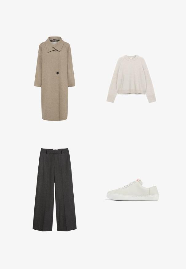 Beige uldfrakke med stor krave, enkelt knaplukning og trekvartlange ærmer. Glat tekstur med en struktureret form.; Lysegrå cropped sweater lavet af blødt strikket materiale med rund halsudskæring, ribstrikkede manchetter og en afslappet pasform.; Bredde bukser i mørkegrå stof. Har en skræddersyet talje med bæltesløjfer, glat tekstur og minimale syninger som detaljer.; Hvide lædersneakers med lav profil, rund tå, flad snørebåndslukning og hvid gummisål. Udstyret med diskret syning og et lille logo.