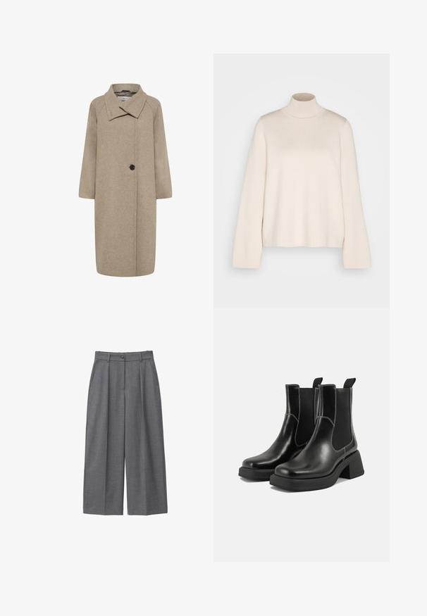 Beige uldfrakke med stor krave, enkelt knaplukning og trekvartlange ærmer. Glat tekstur med en struktureret form.; Cremefarvet højhalset sweater med lange ærmer, lavet af blødt strikket stof. Har en tætsiddende krave og en afslappet silhuet. Ingen synlige mønstre eller detaljer.; Grå bredbenede bukser lavet af glat stof, med høj talje, læg, knaplukning og sidelommer. Minimalistisk design.; Sorte læder Chelsea-støvler med en kraftig hæl, elastiske sidepaneler og kontrastfarvet hvid syning. Tekstureret overflade.