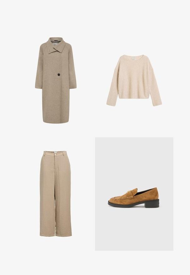 Beige uldfrakke med stor krave, enkelt knaplukning og trekvartlange ærmer. Glat tekstur med en struktureret form.; Beige strikket sweater med en afslappet pasform, bred halsudskæring og lange ærmer. Har en ribbet tekstur og subtile sømdetaljer.; Beige vidde bukser med struktur, frontknap og lynlås, bæltestropper og sidelommer.; Brune loafers i ruskind med en lille sort hæl, med dekorative syninger og en frontklap. Glat tekstur og minimalistisk design.