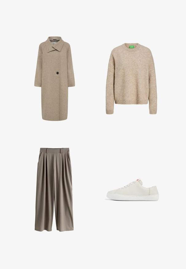 Beige uldfrakke med stor krave, enkelt knaplukning og trekvartlange ærmer. Glat tekstur med en struktureret form.; Beige strikket sweater med rund halsudskæring, ribbede manchetter og nederkant. Blød tekstur med en løs pasform. Grøn mærkat synlig på halsen.; Beige bukser med vide ben, læg, bæltestropper og sidelommer, designet til en afslappet pasform.; Hvide lædersneakers med lav profil, rund tå, flad snørebåndslukning og hvid gummisål. Udstyret med diskret syning og et lille logo.