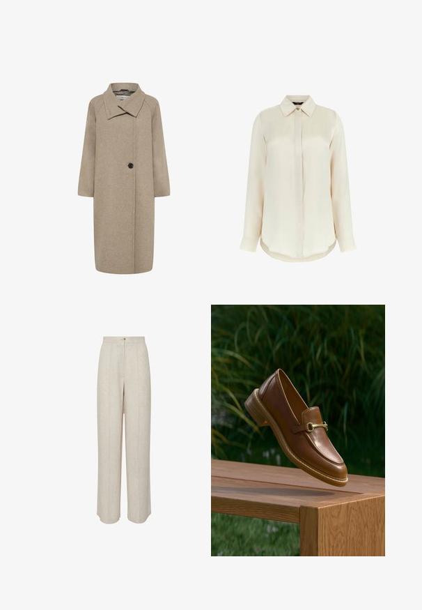 Beige uldfrakke med stor krave, enkelt knaplukning og trekvartlange ærmer. Glat tekstur med en struktureret form.; MARCIANO BY GUESS Skjortebluser - creme; Beige linnedragt med høj talje, med en front knaplukning, to sidelommer og et afslappet, lige ben-design.; Brun loafer i læder med guldbeklædt spænde, svævende over en træbænk udendørs med grønne blade i baggrunden.