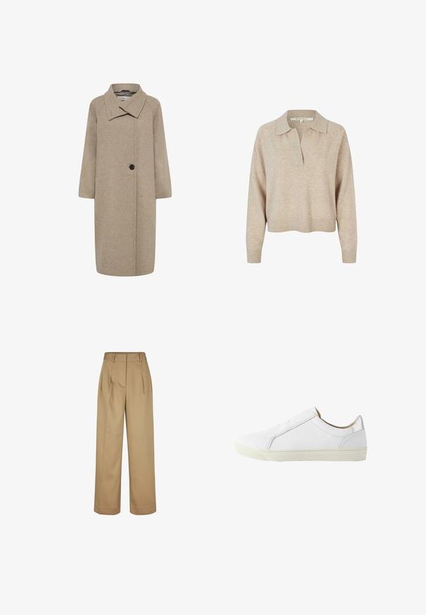 Beige uldfrakke med stor krave, enkelt knaplukning og trekvartlange ærmer. Glat tekstur med en struktureret form.; Beige strikket pullover med en afslappet pasform, kravehals og ribbede manchetter. Blød tekstur og minimalistisk design.; Beige bukser med brede ben, der har en glat front, plisseringer og en blød stoftekstur. Designet med en klassisk talje og skræddersyet silhuet.; Hvid lavtop læder-sneaker med lynlås på siden, beige inderforet og off-white gummisål, vist fra ydersiden.