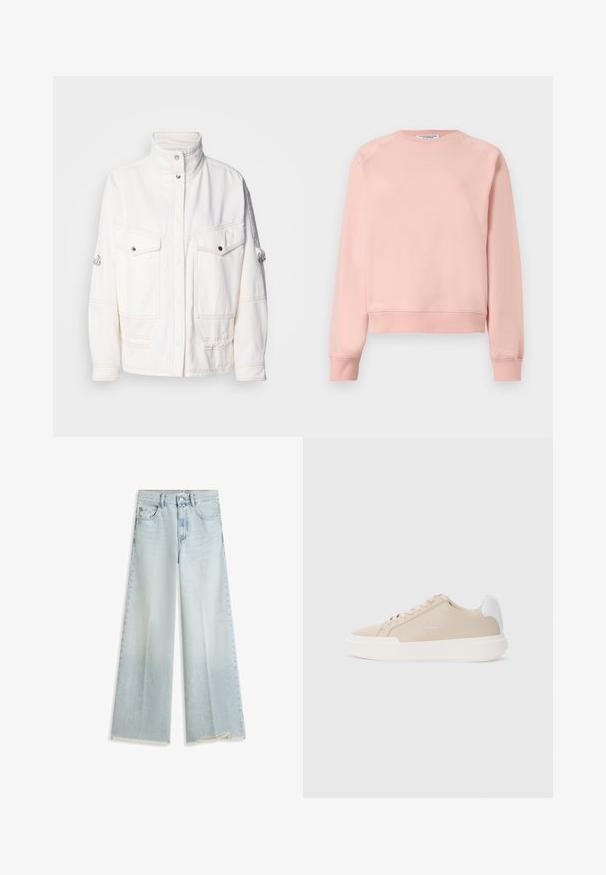 Chaqueta de denim blanca con un cuello alto, dos bolsillos frontales, botones a presión plateados y detalles de costura en contraste. Presenta un ajuste relajado.; Sudadera de manga larga color rosa claro con cuello redondo, puños y dobladillo acanalados, diseño liso, presentada sobre un fondo blanco.; Vaqueros de pierna ancha de color azul claro con cintura alta, cierre frontal de botón y cremallera, cinco bolsillos y detalle de dobladillo sin rematar.; Zapatilla de cuero beige con acento blanco en la parte trasera, suela blanca plana y costuras tonales con detalle del logo en el costado.
