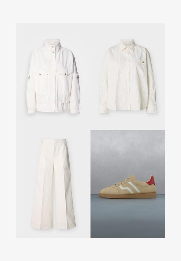 Veste en denim blanc avec un col haut, deux poches avant, des boutons-pression argentés et des détails de surpiqûre contrastés. Présente une coupe décontractée.; Chemise blanche à manches longues avec boutons, fines rayures verticales, col pointu, poche poitrine avant et petit logo doré "cK" sur la poche.; Pantalon à jambes larges en coton blanc, avec poches avant et coutures détaillées. Texture lisse avec un design épuré et minimaliste.; Baskets en daim beige avec un accent rouge au talon, des bandes blanches et une semelle en caoutchouc texturée beige clair. Muni de lacets et d'un intérieur lisse.