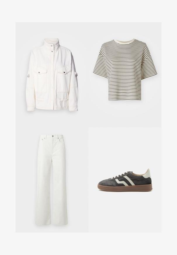 Chaqueta de denim blanca con un cuello alto, dos bolsillos frontales, botones a presión plateados y detalles de costura en contraste. Presenta un ajuste relajado.; Camiseta de corte cropped a rayas con mangas cortas. Color: base blanca sucia con finas rayas horizontales negras. El material parece suave, con una textura lisa.; Samsøe Samsøe SHELLY - Vaqueros boyfriend - clear cream; Zapatilla baja de pana gris con rayas laterales blancas, lengüeta beige en el talón, cordones blancos y suela de goma marrón.