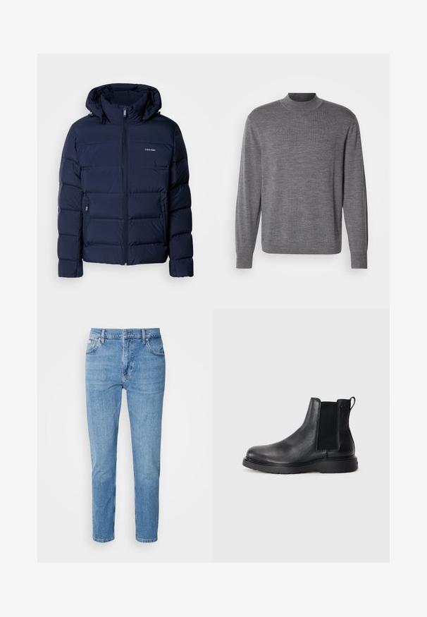 Marineblauwe donsjas met een capuchon, voorzien van een volledige rits, twee zijzakken en gestikte panelen voor isolatie. Subtiel logo op de borst.; Grijze lange mouw sweater gemaakt van gebreid materiaal, met een opstaande kraag en een subtiele logo op de borst. Gladde textuur en aansluitend ontwerp.; Lichtblauwe denim jeans met een rechte pasvorm, vijf zakken en subtiele vervaging. Voorzien van een knoopsluiting en riemlussen.; Zwarte leren Chelsea boots met een gestructureerde afwerking, elastische zijpanelen en een stevige rubberen zool. Subtiele branding op de hiel.