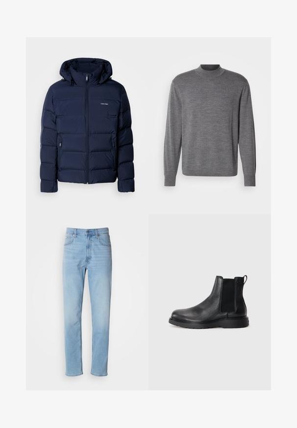 Marineblå pufferjakke med hætte, med fuld lynlås, to sidelommer og stikninger for isolering. Subtilt logo på brystet.; Grå langærmet sweater lavet af strikket materiale, med en høj hals og et subtilt logo på brystet. Glat tekstur og tætsiddende design.; Lys blå denim jeans med lige pasform, fem lommer og bæltestropper. Stoffet har en glat overflade med en let falmningseffekt.; Sorte læder chelsea støvler med tekstureret finish, elastiske sidepaneler og en robust gummisål. Subtil branding på hælen.