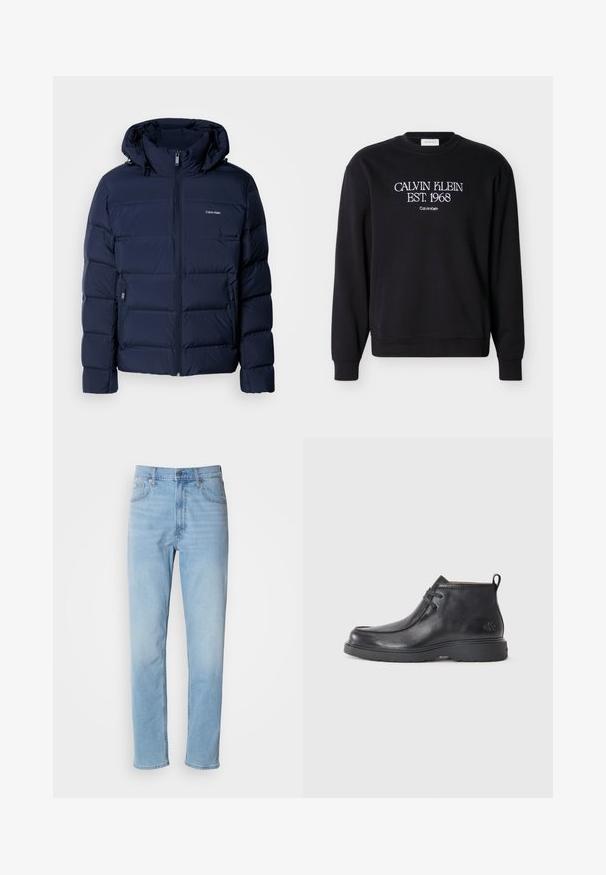 Marineblå pufferjakke med hætte, med fuld lynlås, to sidelommer og stikninger for isolering. Subtilt logo på brystet.; Sort crewneck-sweatshirt med hvid tekst "CALVIN KLEIN EST. 1968" og mindre "Calvin Klein" broderet på brystet.; Lys blå denim jeans med lige pasform, fem lommer og bæltestropper. Stoffet har en glat overflade med en let falmningseffekt.; Sorte læder ankelstøvler med rund tå, snørelukning og en løkke bagpå. Tekstureret overdel og gummisål.