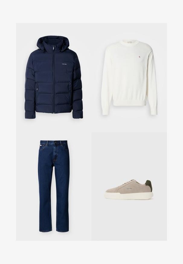 Marineblå pufferjakke med hætte, med fuld lynlås, to sidelommer og stikninger for isolering. Subtilt logo på brystet.; Hvid strikket sweater med lange ærmer, ribbede manchetter og kant, med et lille rødt logo på brystet. Blød tekstur, rund halsudskæring.; Mørkeblå jeans med lige ben lavet af denim, med et klassisk design med fem lommer, diskrete syninger og lukning foran med knapper.; Beige ruskinds sneakers med en hvid gummisål, der har en mørkegrøn hælaccent og subtil branding på siden.