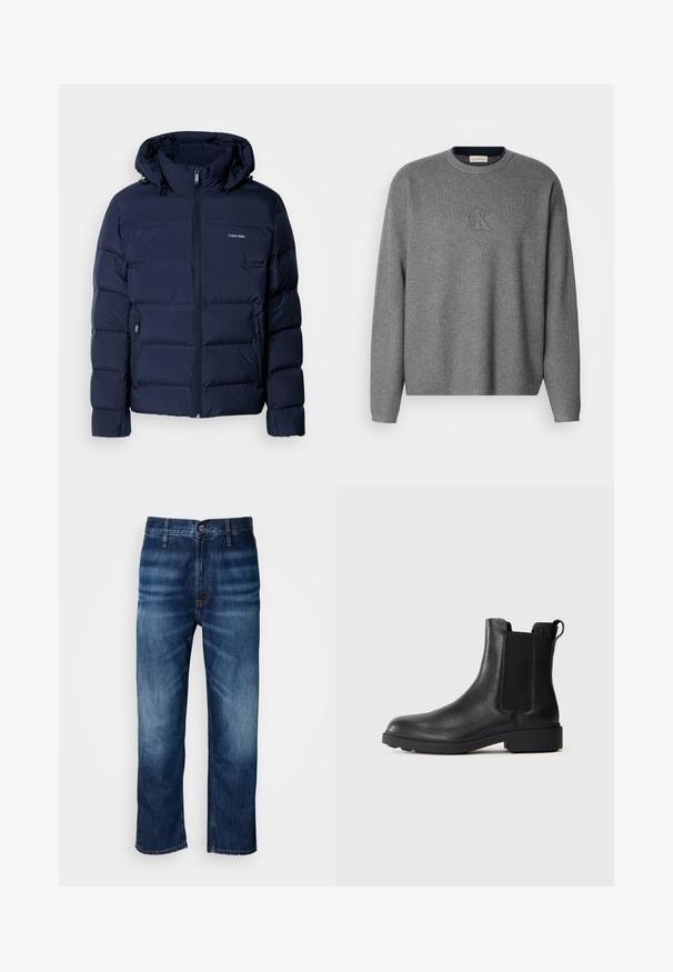 Veste matelassée bleu marine avec capuche, dotée d'une fermeture éclair complète, de deux poches latérales et de panneaux cousus pour l'isolation. Logo discret sur la poitrine.; Sweatshirt en tricot gris avec un col rond, présentant un logo "ck" en relief sur la poitrine et des poignets côtelés. Texture douce, coupe décontractée.; Jean en denim droit bleu foncé avec un léger décoloration au niveau des cuisses et une fermeture à bouton à la taille, présenté sur fond blanc.; Bottine noire en cuir avec des panneaux élastiques sur les côtés, une languette au talon, et un petit talon bloc sur fond uni.