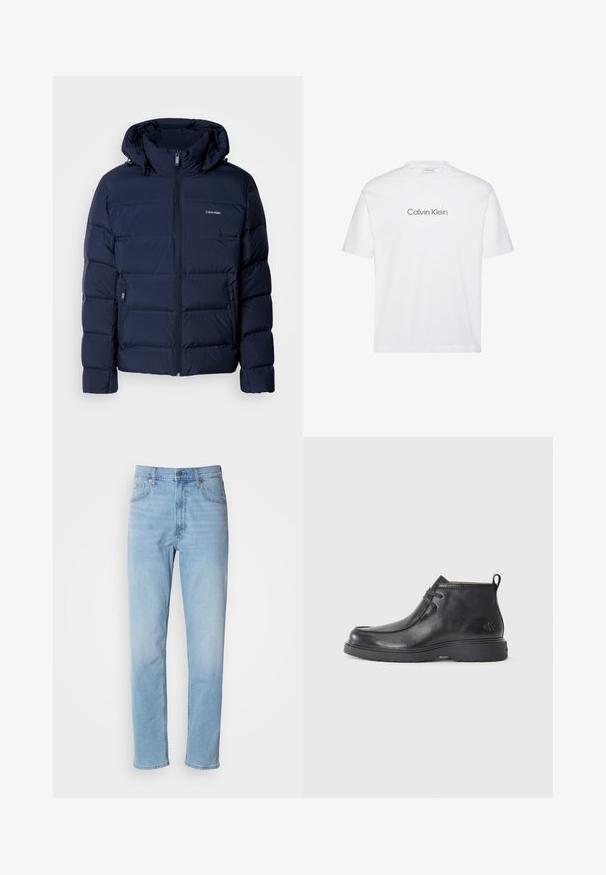 Marineblaue Steppjacke mit Kapuze, ausgestattet mit einem durchgehenden Reißverschluss, zwei seitlichen Taschen und genähten Einsätzen zur Isolierung. Dezentes Logo auf der Brust.; Weißes Baumwoll-T-Shirt mit kurzen Ärmeln. Es verfügt über einen Rundhalsausschnitt und ein graues, aufgedrucktes "Calvin Klein"-Logo auf der Brust.; Hellblaue Jeans mit geradem Schnitt, fünf Taschen und Gürtelschlaufen. Der Stoff hat eine glatte Textur mit einem leichten Verblassungseffekt.; Schwarze Leder-Stiefel bis zur Knöchel mit runder Zehenform, Schnürdesign und einer Ziehlasche auf der Rückseite. Strukturiertes Obermaterial und Gummisohle.
