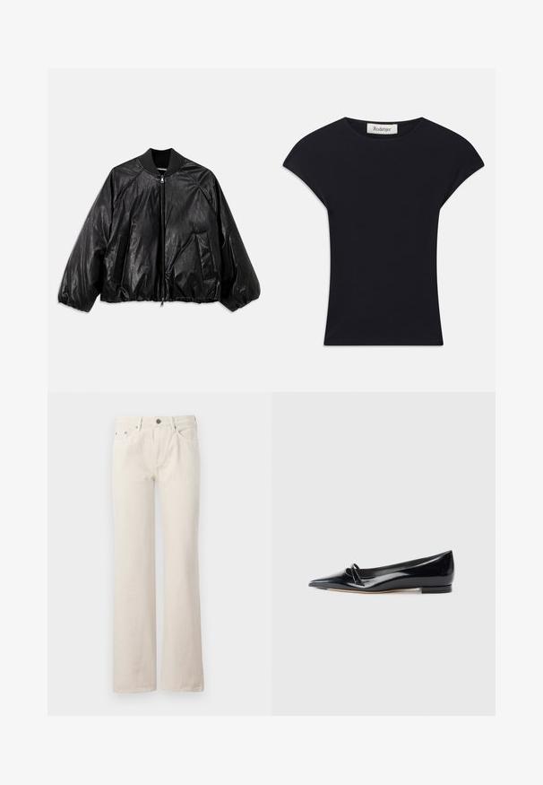 Veste bomber en cuir noir avec un col côtelé, des poignets élastiques, des poches avant et une fermeture éclair. Présente une texture légèrement brillante.; Haut noir à manches courtes en tissu doux, avec un col rond et une coupe ajustée, ornée de légers accents d'épaule. Étiquette visible.; Jean large beige en coton, doté de poches avant, d'un zip, et d'une finition texturée discrète. Design classique avec une coupe décontractée.; Chaussure plate en cuir verni noir avec un bout pointu, une petite lanière décorative et un petit talon carré. Texture lisse et design épuré.
