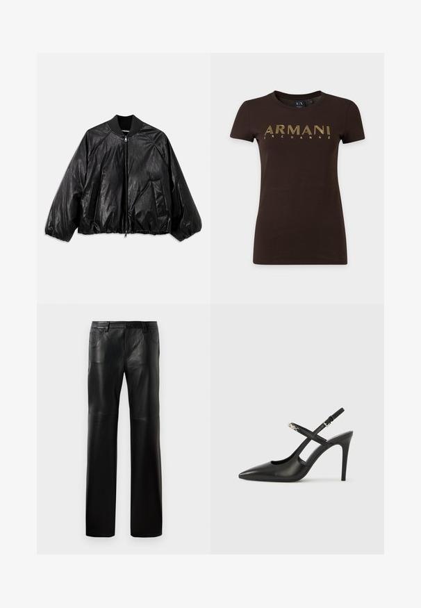 Veste bomber en cuir noir avec un col côtelé, des poignets élastiques, des poches avant et une fermeture éclair. Présente une texture légèrement brillante.; T-shirt marron foncé à manches courtes avec texte contour jaune "ARMANI EXCHANGE" sur la poitrine et col rond.; Pantalons en cuir noir avec une coupe droite, dotés d'une taille à boutons, de cinq poches et de coutures visibles le long des coutures.; Escarpins slingback en cuir noir avec bout pointu, design ajouré et bride ajustable ornée de ferrures métalliques.