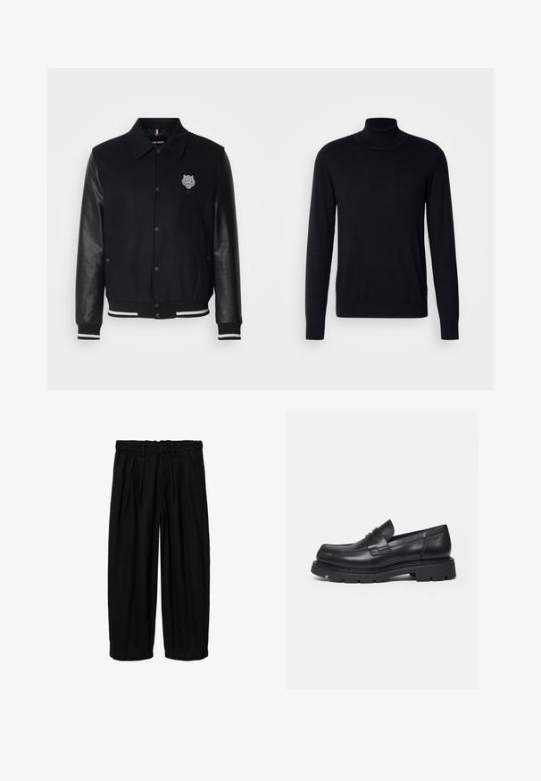 Schwarze Collegejacke mit Wollkörper und Lederärmeln. Verfügt über ein Tigeremblem auf der linken Brust sowie gestreiften Rippbündchen und -saum.; Schwarzer Rollkragenpullover aus weichem Stoff. Mit langen Ärmeln, geripptem Kragen und Bündchen, hat eine glatte Textur und keine Muster.; Schwarze, hoch taillierte, weit geschnittene Hosen mit Falten, Gürtelschlaufen, Seitentaschen und einem Knopf- sowie Reißverschluss vorne.; Schwarzer Lederloafer mit dicker, profilierter Sohle und Pennyriemen-Detail, von der rechten Seitenansicht auf weißem Hintergrund gezeigt.