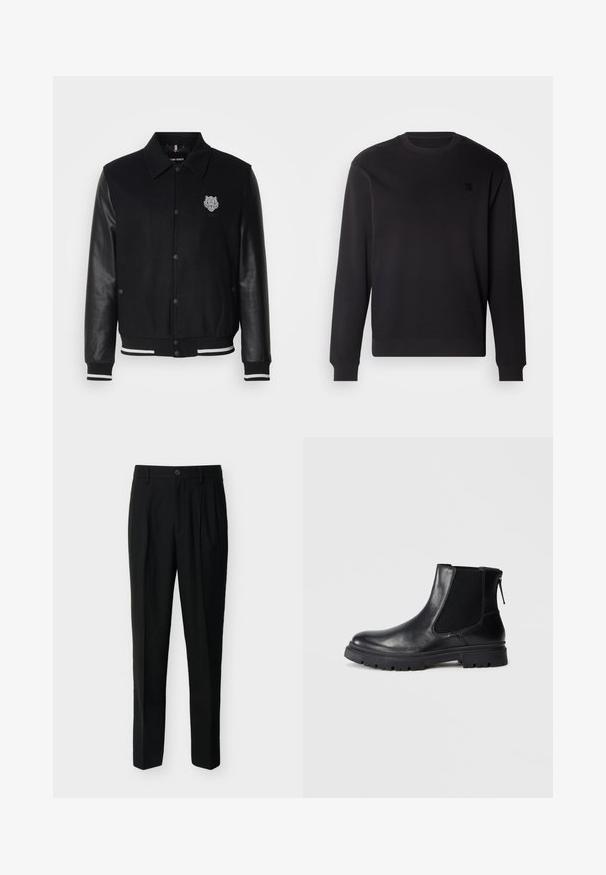 Schwarze Collegejacke mit Wollkörper und Lederärmeln. Verfügt über ein Tigeremblem auf der linken Brust sowie gestreiften Rippbündchen und -saum.; Schwarzer Rundhalsausschnitt-Pullover aus weichem Material, mit gerippten Bündchen und Saum sowie einem kleinen schwarzen Logo-Patch auf der Brust.; Schwarze, hoch taillierte, maßgeschneiderte Hose mit Gürtelschlaufen, vorderen Falten, Seitentaschen sowie Knopf- und Reißverschluss.; Schwarze Leder-Ankle-Boots mit einer glatten Oberfläche, elastischen Mesh-Seitenteilen und einer robusten Sohle mit sichtbarem Profil.