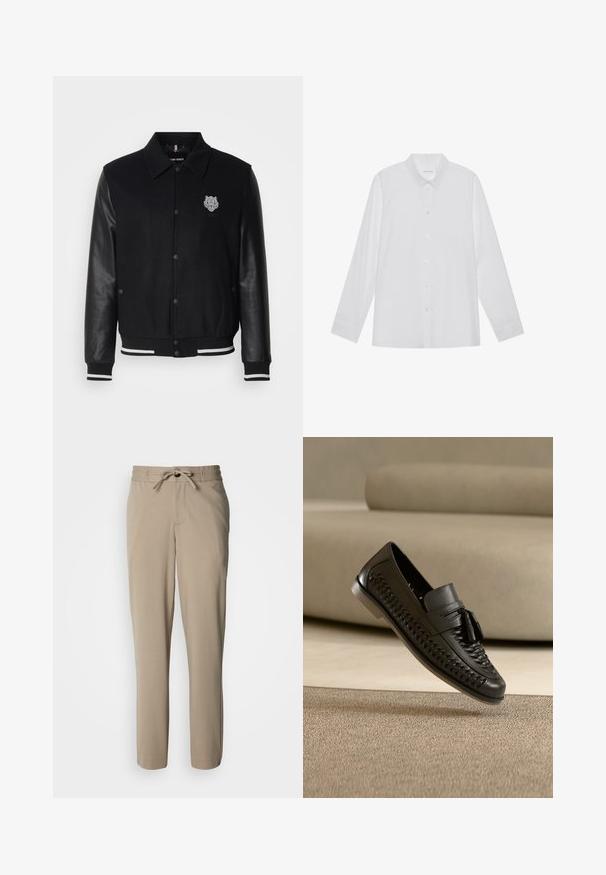 Zwarte varsityjas met een wollen lichaam en leren mouwen. Kenmerkt zich door een tijgerembleem op de linkerkant van de borst en gestreepte ribgebreide manchetten en onderkant.; Witte blouse met lange mouwen van soepel stof, met een puntige kraag, voorkant met knoopsluiting en manchetten met één knoop.; Beige broek gemaakt van een zachte stof, met een trekkoorden taille en een ontspannen pasvorm, rechte pijpen en zonder zichtbare zakken.; Zwarte leren gevlochten loafer met kwastjes, met de zool omhoog gericht op een beige tapijt voor een beige bankenachtergrond.