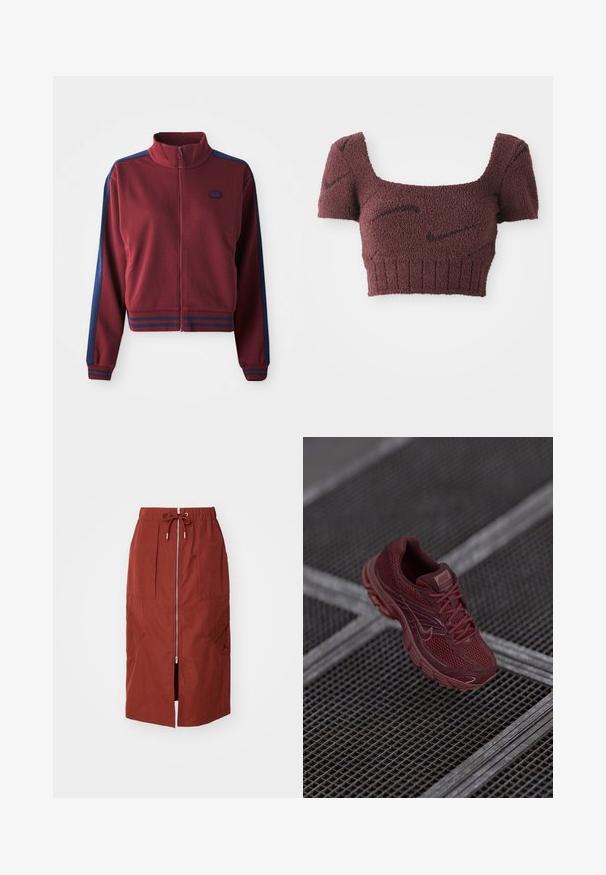 Bordeauxfarbene Zip-Jacke mit hohem Kragen, marineblauen Seiteneinsätzen und gestreiften Akzenten an den Bündchen und dem Saum. Weiches, strukturiertes Gewebe.; Lila verkürztes Oberteil aus texturiertem Stoff, mit quadratischem Ausschnitt, kurzen Ärmeln und geripptem Saum, das dezente dunkle Muster aufweist.; Midikleid in terrakottarot, mit einem Frontreißverschluss, elastischem Bund mit Kordelzug und seitlichen Taschen mit geometrischem Design.; Roter Nike-Laufschuh mit einem Mesh-Obermaterial, strukturierten Details, gepolstertem Kragen und dicker Sohle, positioniert über einer rasternen Oberfläche.