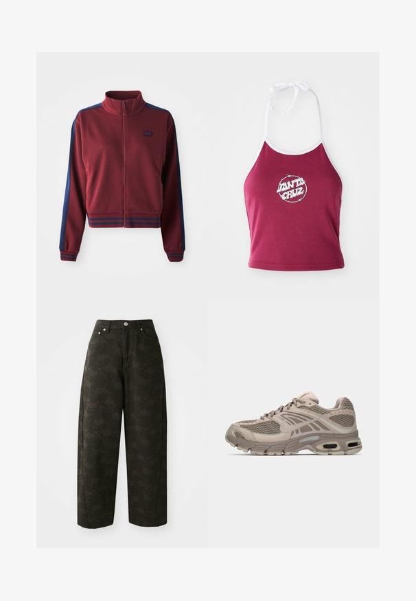 Bordeauxfarvet zip-up jakke med høj krave, marineblå sidepaneller og stribede detaljer ved manchetterne og livstykket. Blødt, tekstureret stof.; Mørkerød halterneck crop top med hvidt trim, prydet med et cirkulært logo med "Santa Cruz" i hvidt, lavet af ribbet bomuldsmateriale.; Mørkegrønne vide bukser har et tekstureret blomsterdesign, fem lommer og metalknaplukninger i taljen.; Beige sportssko med mesh-overdel, formede detaljer, rund tå og synlig luftdækning i sålen. Snørebånd i neutral farve.