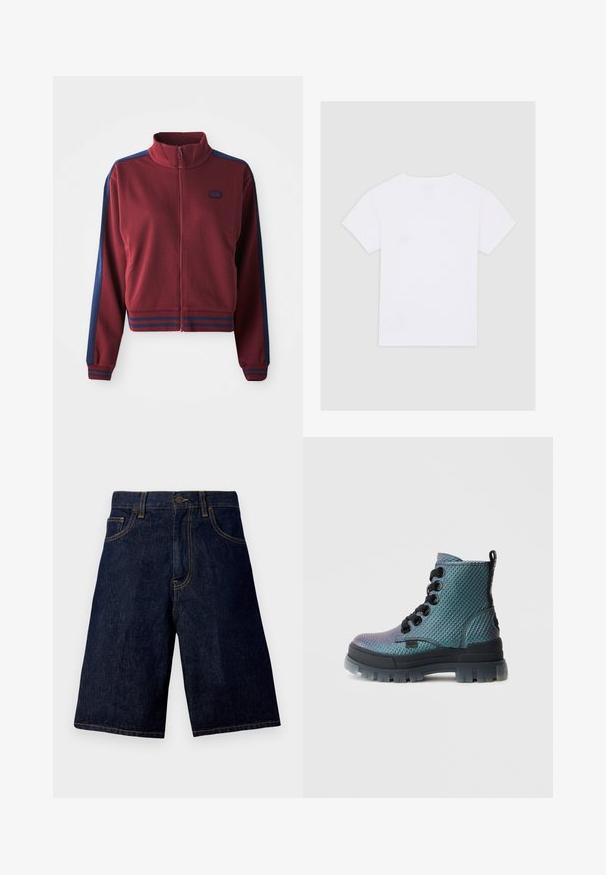 Bordeauxfarvet zip-up jakke med høj krave, marineblå sidepaneller og stribede detaljer ved manchetterne og livstykket. Blødt, tekstureret stof.; Hvid kortærmet T-shirt vist fra ryggen på en lys grå baggrund, med rund halsudskæring og ingen synlige logoer eller mønstre.; Mørkeblå denim shorts med lige snit, der har et klassisk fem-lomme design og kontrasterende guldtråde.; Teksturerede ankelstøvler i gradient blågrøn farve, med seks sorte snørehuller, tyk sål og en trækflig bagpå for nem påtagning.