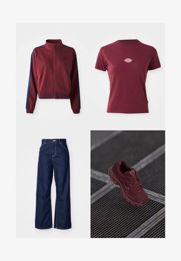 Bordeauxfarvet zip-up jakke med høj krave, marineblå sidepaneller og stribede detaljer ved manchetterne og livstykket. Blødt, tekstureret stof.; Bordeaux kortærmet t-shirt lavet af bomuld med rund halsudskæring og et lille multicoloreret "Dickies" logo på brystet.; Bredde ben jeans i mørkeblå denim, med høj talje, kontrasterende hvid syning og traditionelt fem-lomme design.; Rød Nike løbesko med et mesh-overdel, tekstureret detaljering, polstret krave og tyk sål, placeret over en gitteroverflade.