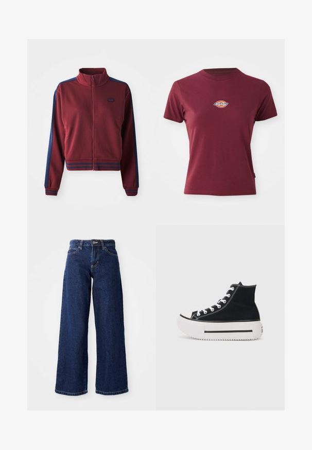 Bordeauxfarvet zip-up jakke med høj krave, marineblå sidepaneller og stribede detaljer ved manchetterne og livstykket. Blødt, tekstureret stof.; Bordeaux kortærmet t-shirt lavet af bomuld med rund halsudskæring og et lille multicoloreret "Dickies" logo på brystet.; Mørkeblå vide jeans lavet af denim, med knap- og lynlåslukning, bæltesløjfer og klassisk fem-lomme design.; Sort højtop sneakers lavet af canvas, med hvide syninger, gummitåhætte, tyk hvid platformssål og sorte stribe detaljer.
