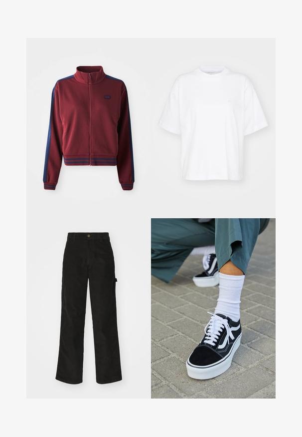 Bordeauxfarvet zip-up jakke med høj krave, marineblå sidepaneller og stribede detaljer ved manchetterne og livstykket. Blødt, tekstureret stof.; Hvid bomulds t-shirt med rund hals, korte ærmer og en afslappet pasform. Har et diskret logo på venstre brystområde. Glat tekstur.; Sorte kordfløjsbukser med et lige ben-design, der har en knaplukning og sidelommer. Glat tekstur med fine lodrette striber.; Sorte ruskinds sneakers med hvide accenter og snørebånd, der har en tyk hvid sål og kontrasterende syninger, parret med en hvid sok.