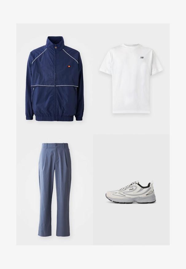 Námornícky vetrovka s vysokým golierom, bielym lemovaním, zapínaním na zips a dvoma bočnými vreckami. Branding na hrudi.; Biele tričko s krátkym rukávom a okrúhlym výstrihom s malým čiernym logom New Balance v hornej ľavej časti hrudníka na jednofarebnom svetlom pozadí.; Námornícke modré nohavice s záhybmi, rovného strihu, vyrobené z ľahkého materiálu, s jedným predným gombíkom a pútkami na opasok.; Biele a šedé bežecké topánky FILA s čiernou podrážkou, šnurovacie uzatváranie a vlnité panelové detaily na bokoch.