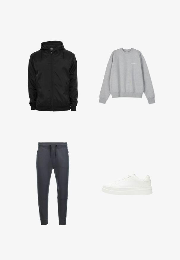 Zwarte capuchonjas met voorritssluiting en aantrekkoorden, lange mouwen en ritssluitbare zijzakken, afgebeeld op een effen witte achtergrond.; Grijze sweater gemaakt van een katoenmix. Ronde hals, lange mouwen, ribgebreide manchetten en zoom. Bevat een klein wit logo op de voorkant.; Donkergrijze sweatpants van zacht materiaal, met een tailleband met trekkoord, twee zijzakken met rits en paneeldetails op de benen.; Witte sneaker met een glad leren bovenwerk, platte veters en een dikke rubberen zool. Minimalistisch ontwerp met subtiele stiksel en naadloze accenten.