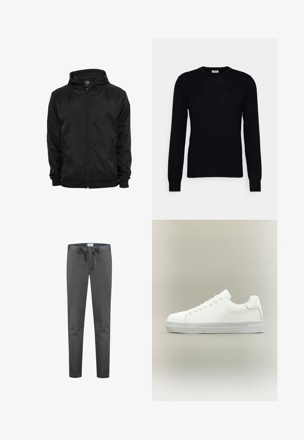 Chaqueta negra con capucha, cremallera frontal y cordones, mangas largas y bolsillos laterales con cremallera, mostrada sobre un fondo blanco liso.; Suéter negro de manga larga hecho de un suave material de punto. Escote redondo, puños y dobladillo acanalados. Diseño minimalista sin patrones ni botones visibles.; Pantalones grises elásticos con una textura suave, cintura con cordón y cierre de botón. Presenta un diseño ajustado y costuras visibles mínimas.; Zapatilla blanca de corte bajo con cierre de cordones, cuello acolchado y suela de goma texturizada, mostrada de perfil sobre un fondo neutro.