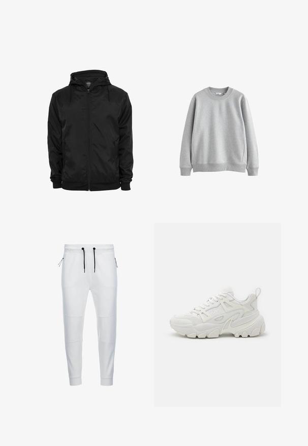 Chaqueta negra con capucha, cremallera frontal y cordones, mangas largas y bolsillos laterales con cremallera, mostrada sobre un fondo blanco liso.; Sudadera gris con cuello redondeado, puños y dobladillo acanalados. Hecha de una tela suave con una textura lisa, con un diseño sencillo.; Joggers blancos confeccionados en una tela suave, con una cinturilla elástica y cordones negros, además de un sutil detalle de costura en las piernas.; Zapatillas deportivas blancas con un upper texturizado, paneles de malla, suela de goma prominente y recortes decorativos en los laterales.