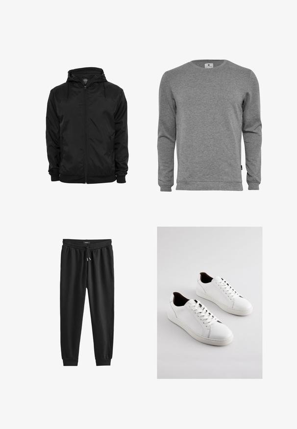 Chaqueta negra con capucha, cremallera frontal y cordones, mangas largas y bolsillos laterales con cremallera, mostrada sobre un fondo blanco liso.; Sudadera gris de manga larga hecha de una suave mezcla de algodón. Cuenta con un cuello redondo, puños acanalados y una textura lisa sin patrones.; Pantalones de chándal negros hechos de un tejido suave, con una cintura elástica con cordón, piernas ajustadas y puños acanalados en los tobillos.; Zapatillas de cuero blanco con perfil bajo, lados perforados, cordones planos y un forro interior marrón contrastante. Suela de goma con patrón texturizado.