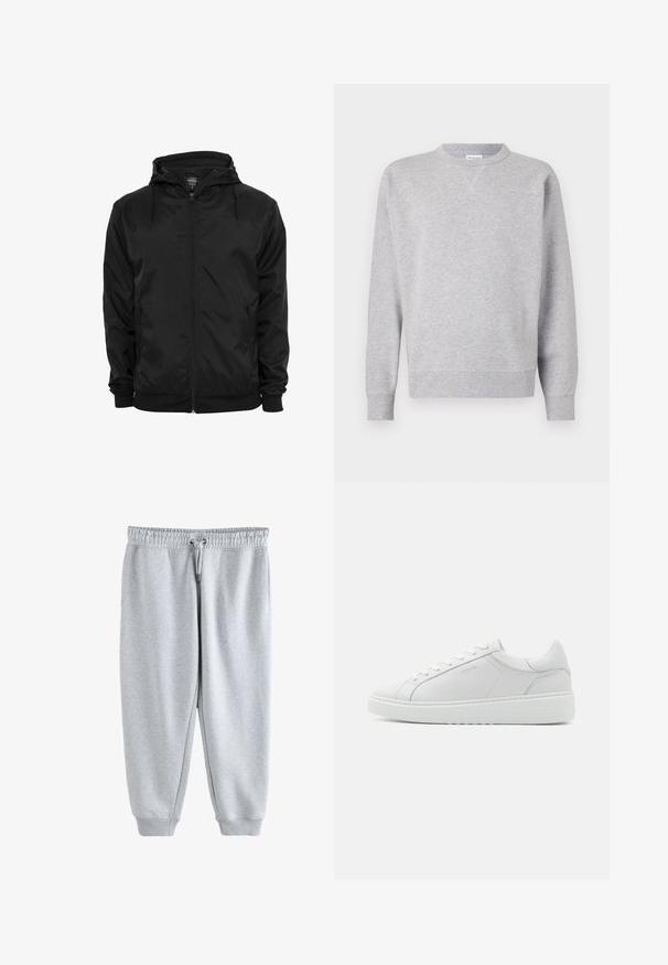 Chaqueta negra con capucha, cremallera frontal y cordones, mangas largas y bolsillos laterales con cremallera, mostrada sobre un fondo blanco liso.; Sudadera gris hecha de tela suave, con cuello redondo, mangas largas, puños acanalados y dobladillo recto. Sin patrones ni gráficos visibles.; Pantalones deportivos gris claro con cintura elástica, cordón ajustable, bolsillos laterales y puños acanalados en los tobillos.; Zapatilla de cuero blanco con una textura suave, punta redonda, diseño de perfil bajo y un logo sutil en el lateral. Cuello acolchado y cordones.