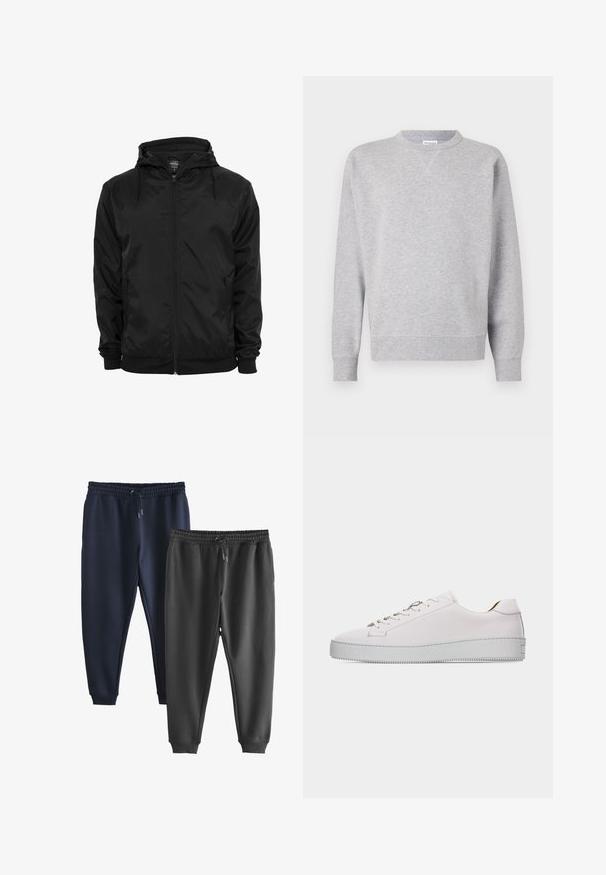 Chaqueta negra con capucha, cremallera frontal y cordones, mangas largas y bolsillos laterales con cremallera, mostrada sobre un fondo blanco liso.; Sudadera gris hecha de tela suave, con cuello redondo, mangas largas, puños acanalados y dobladillo recto. Sin patrones ni gráficos visibles.; Dos pares de pantalones deportivos con puños, cintura elástica y cordones, uno azul oscuro y otro negro, uno al lado del otro sobre un fondo blanco.; Zapatilla deportiva de piel blanca de corte bajo con cordones blancos, suela de goma plana texturizada y costuras mínimas, mostrada desde el lado exterior sobre un fondo blanco.