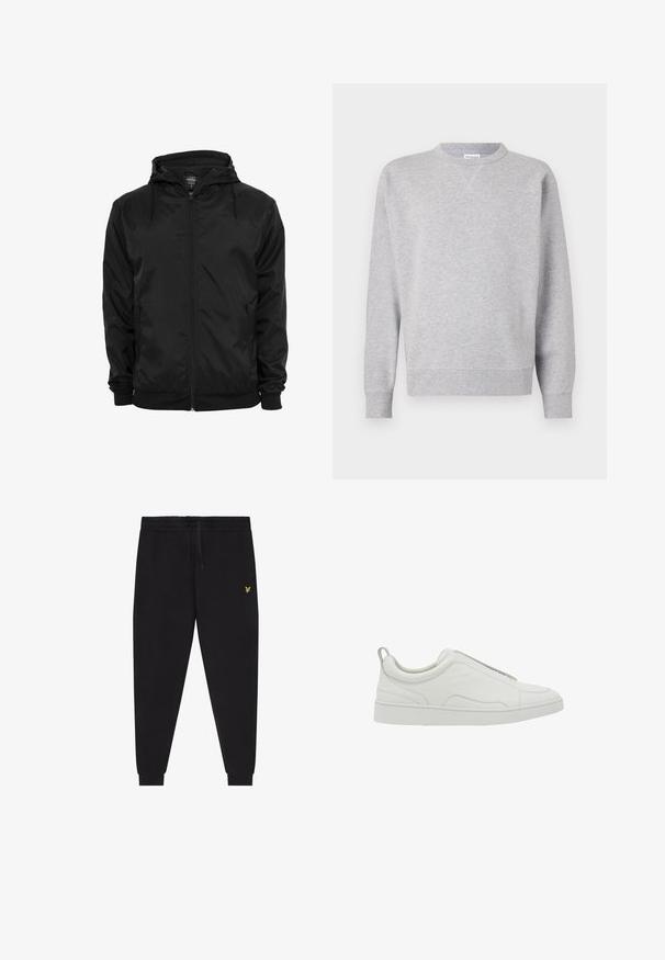 Zwarte capuchonjas met voorritssluiting en aantrekkoorden, lange mouwen en ritssluitbare zijzakken, afgebeeld op een effen witte achtergrond.; Grijze sweatshirt van zacht materiaal, met een ronde hals, lange mouwen, geribbelde manchetten en een rechte zoom. Geen zichtbare patronen of grafische elementen.; Zwarte joggingsbroek met elastische taille en trekkoord, taps toelopende pijpen met boorden en een klein geel geborduurd logo op de rechterdij.; Witte lage sneaker met instapmodel, gevoerde kraag en treklipje bij de hiel, met een dikke rubberen zool en glad leren bovenwerk.