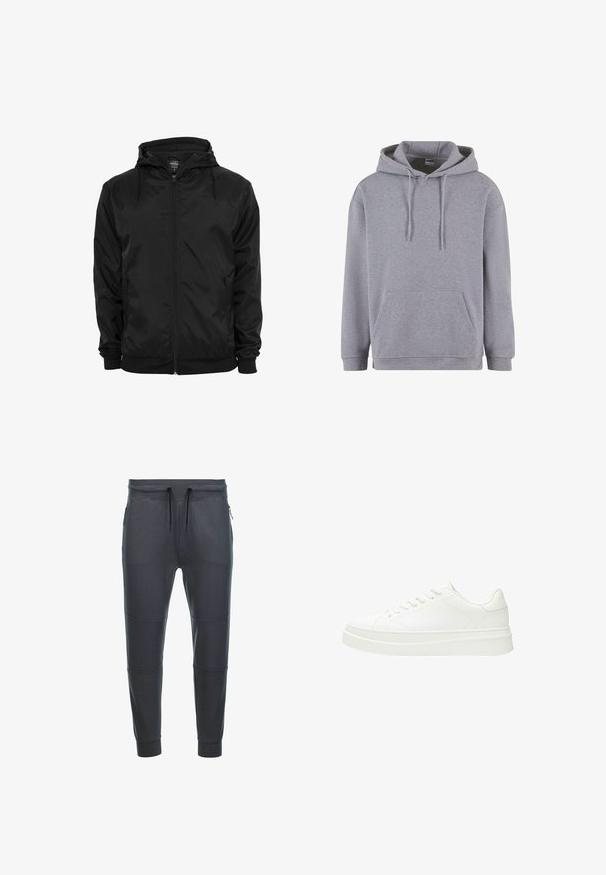 Zwarte capuchonjas met voorritssluiting en aantrekkoorden, lange mouwen en ritssluitbare zijzakken, afgebeeld op een effen witte achtergrond.; Grijze hoodie met een kangoeroezak, trekkoordcapuchon, lange mouwen en ribgebreide manchetten en onderkant. Gemaakt van een zachte, textuurstof.; Donkergrijze sweatpants van zacht materiaal, met een tailleband met trekkoord, twee zijzakken met rits en paneeldetails op de benen.; Witte sneaker met een glad leren bovenwerk, platte veters en een dikke rubberen zool. Minimalistisch ontwerp met subtiele stiksel en naadloze accenten.
