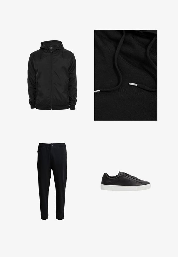 Zwarte capuchonjas met voorritssluiting en aantrekkoorden, lange mouwen en ritssluitbare zijzakken, afgebeeld op een effen witte achtergrond.; Zwarte hoodie van zachte stof. Voorzien van trekkoorden met metalen uiteinden en een gestructureerd oppervlak. Minimalistisch ontwerp zonder patronen.; Zwarte joggingbroek met een elastische tailleband, zijzakken met rits en taps toelopende pijpen. Gemaakt van zachte stof met een gladde textuur.; Zwarte leren lage sneaker met zwarte veters en witte rubberen zool, gezien vanaf de zijkant op een witte achtergrond.