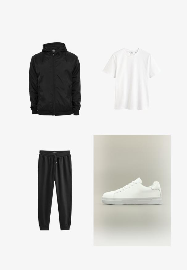Zwarte capuchonjas met voorritssluiting en aantrekkoorden, lange mouwen en ritssluitbare zijzakken, afgebeeld op een effen witte achtergrond.; Effen witte T-shirt met korte mouwen en een ronde hals, met een klein merkje in de kraag.; Zwarte joggingsbroek van zacht materiaal, met een elastische tailleband met een trekkoord, taps toelopende pijpen en ribbelboorden bij de enkels.; Witte lage sneaker met veters aan de voorkant, gevoerde kraag en gerubberde zool met textuur, zijaanzicht op een neutrale achtergrond.