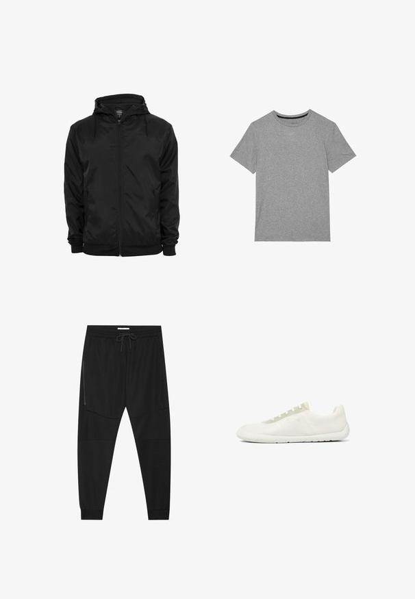 Chaqueta negra con capucha, cremallera frontal y cordones, mangas largas y bolsillos laterales con cremallera, mostrada sobre un fondo blanco liso.; Camiseta gris de manga corta hecha de una tela suave y lisa. Presenta un cuello redondo y un diseño simple, liso y sin adornos.; Pantalones deportivos negros hechos de tejido texturizado, con una cinturilla ajustable, bolsillo lateral con cremallera y puños ajustados.; Zapatilla minimalista blanca de caña baja con tejido de malla texturizado, suela blanca y panel de ojetes para cordones en color beige claro.