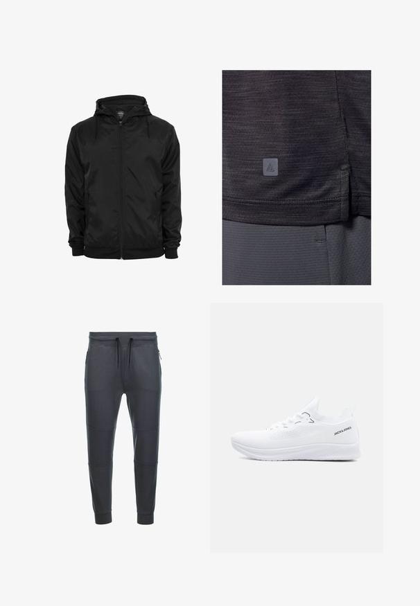 Chaqueta negra con capucha, cremallera frontal y cordones, mangas largas y bolsillos laterales con cremallera, mostrada sobre un fondo blanco liso.; Camiseta deportiva gris oscuro, hecha de tejido texturizado. Presenta una abertura lateral en el dobladillo y una pequeña etiqueta de logo en la esquina inferior izquierda.; Pantalones de chándal gris oscuro fabricados en tejido suave, con cintura elástica ajustable, dos bolsillos laterales con cremallera y detalles en panel en las piernas.; Zapatilla blanca de punto baja con suela texturizada, cierre de cordones y logo "JACK & JONES" en el lateral del cuello del talón.