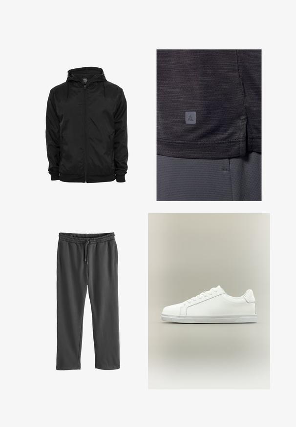 Zwarte capuchonjas met voorritssluiting en aantrekkoorden, lange mouwen en ritssluitbare zijzakken, afgebeeld op een effen witte achtergrond.; Donkergrijs sportshirt, gemaakt van gestructureerde stof. Heeft een zijsplit aan de zoom en een klein logo-label in de linkerbenedenhoek.; Grijze sweatpants met een elastische tailleband en verstelbaar trekkoord. Gemaakt van zacht materiaal, met zijzakken en een ontspannen fit.; Witte lage sneaker met veterluiting aan de voorkant en een gestructureerde rubberen zool tegen een neutrale achtergrond.