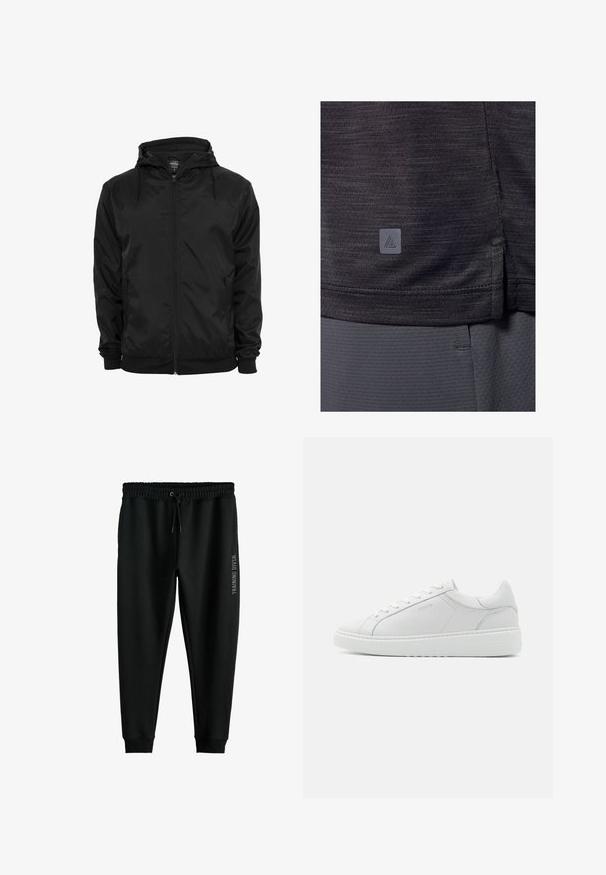 Chaqueta negra con capucha, cremallera frontal y cordones, mangas largas y bolsillos laterales con cremallera, mostrada sobre un fondo blanco liso.; Camiseta deportiva gris oscuro, hecha de tejido texturizado. Presenta una abertura lateral en el dobladillo y una pequeña etiqueta de logo en la esquina inferior izquierda.; Pantalones de entrenamiento negros hechos de tela suave, con una cinturilla elástica y cordón, y un logotipo impreso "TRAINING DIVSN" en el costado.; Zapatilla de cuero blanco con una textura suave, punta redonda, diseño de perfil bajo y un logo sutil en el lateral. Cuello acolchado y cordones.