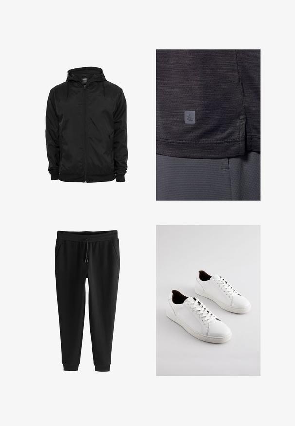Chaqueta negra con capucha, cremallera frontal y cordones, mangas largas y bolsillos laterales con cremallera, mostrada sobre un fondo blanco liso.; Camiseta deportiva gris oscuro, hecha de tejido texturizado. Presenta una abertura lateral en el dobladillo y una pequeña etiqueta de logo en la esquina inferior izquierda.; Pantalones deportivos negros con perneras estrechas, cintura elástica, cordón, bolsillos laterales y puños en los tobillos, colocados planos sobre fondo blanco.; Zapatillas de cuero blanco con perfil bajo, lados perforados, cordones planos y un forro interior marrón contrastante. Suela de goma con patrón texturizado.