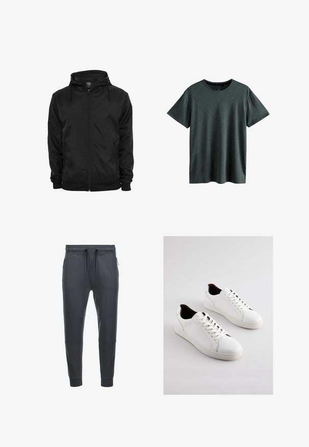 Chaqueta negra con capucha, cremallera frontal y cordones, mangas largas y bolsillos laterales con cremallera, mostrada sobre un fondo blanco liso.; Camiseta gris oscuro hecha de un tejido suave y texturizado. Presenta un clásico cuello redondo y mangas cortas con un sutil patrón. Sin logotipos visibles.; Pantalones de chándal gris oscuro fabricados en tejido suave, con cintura elástica ajustable, dos bolsillos laterales con cremallera y detalles en panel en las piernas.; Zapatillas de cuero blanco con perfil bajo, lados perforados, cordones planos y un forro interior marrón contrastante. Suela de goma con patrón texturizado.