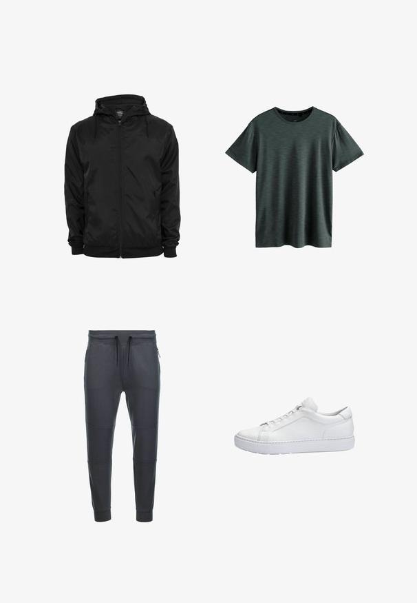 Chaqueta negra con capucha, cremallera frontal y cordones, mangas largas y bolsillos laterales con cremallera, mostrada sobre un fondo blanco liso.; Camiseta gris oscuro hecha de un tejido suave y texturizado. Presenta un clásico cuello redondo y mangas cortas con un sutil patrón. Sin logotipos visibles.; Pantalones de chándal gris oscuro fabricados en tejido suave, con cintura elástica ajustable, dos bolsillos laterales con cremallera y detalles en panel en las piernas.; Zapatilla blanca de cuero de corte bajo con suela gruesa, cierre de cordones y detalles mínimos de costura, mostrada de perfil sobre un fondo blanco.